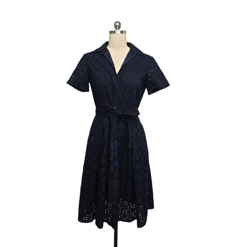 Brooks Brothers Navy Blue Cotton Eyelet Shirt Dress Short Sleeve Belted Size 4